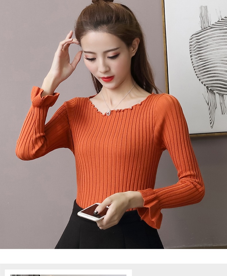 Áo len nữ dài tay kiểu mới sang trọng kiểu Hồng Kông thời trang hoang dã mảnh mai thon gọn cổ thấp tay áo cánh hoa mẫu áo len nữ đẹp 2021