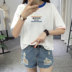 Màu sắc phù hợp với cổ áo ngắn tay t-shirt nữ Hàn Quốc phiên bản của thêu lỏng thư vòng cổ sinh viên áo hoang dã 2018 mùa xuân và mùa hè phong cách mới áo thun form rộng nữ Áo phông