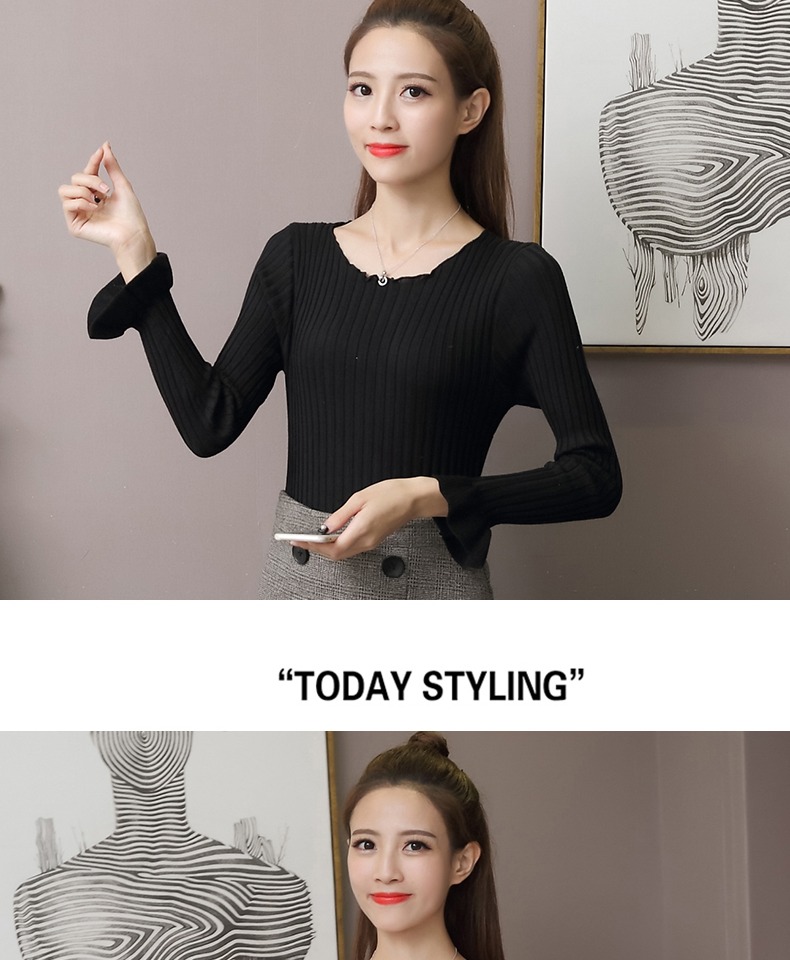 Áo len nữ dài tay kiểu mới sang trọng kiểu Hồng Kông thời trang hoang dã mảnh mai thon gọn cổ thấp tay áo cánh hoa mẫu áo len nữ đẹp 2021