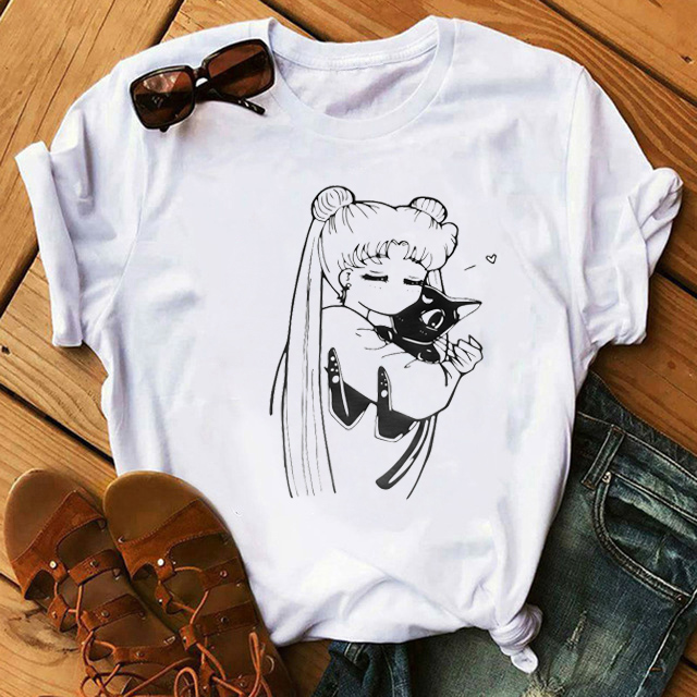 Châu Âu và mùa hè Mỹ vỡ dọc ngón giữa in phim hoạt hình ngắn tay T-shirt của phụ nữ lỏng lẻo vừa vặn tròn cổ áo ed-out thương hiệu thủy triều