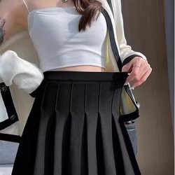 Pleated Skirt with Elastic Waist, A-Line, High-End, Preppy Style, Short Skirt, Elegant, American Retro, Half-Length Skirt, New for Spring, Summer, and Autumn