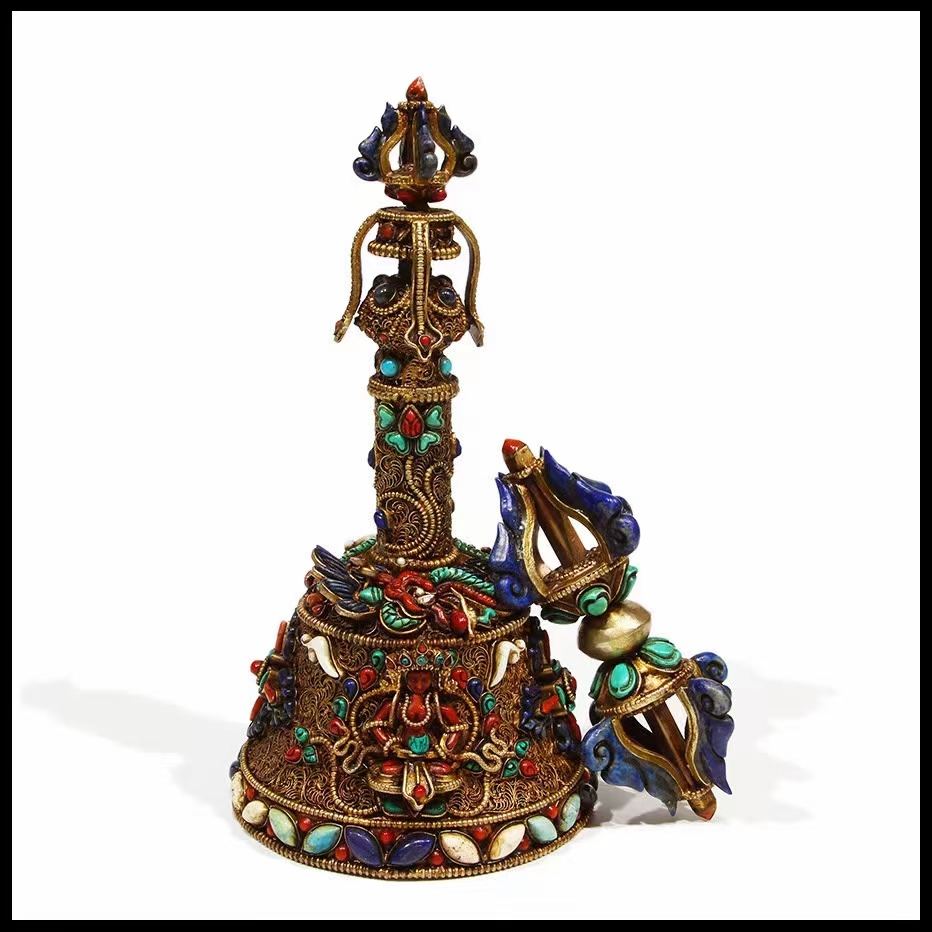 Nepali Boutique Handmade Pinch Silk Studded Natural Gem Bronze Bell Ringer Pestle Pestle Set