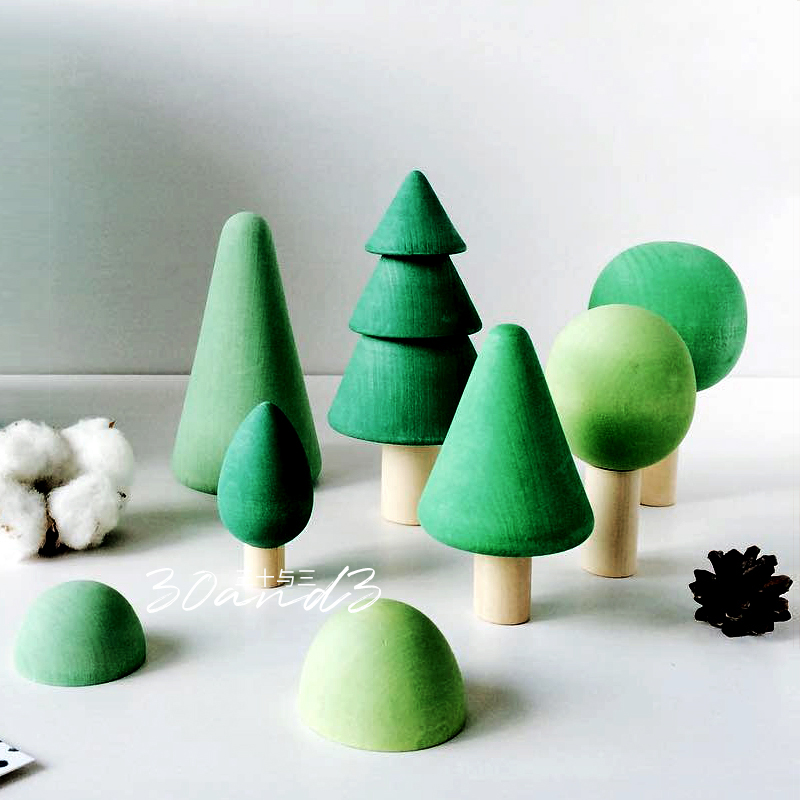 Frosted small tree solid wooden ornament mushroom house children's toy pavilion bridge model over home window scene DIY