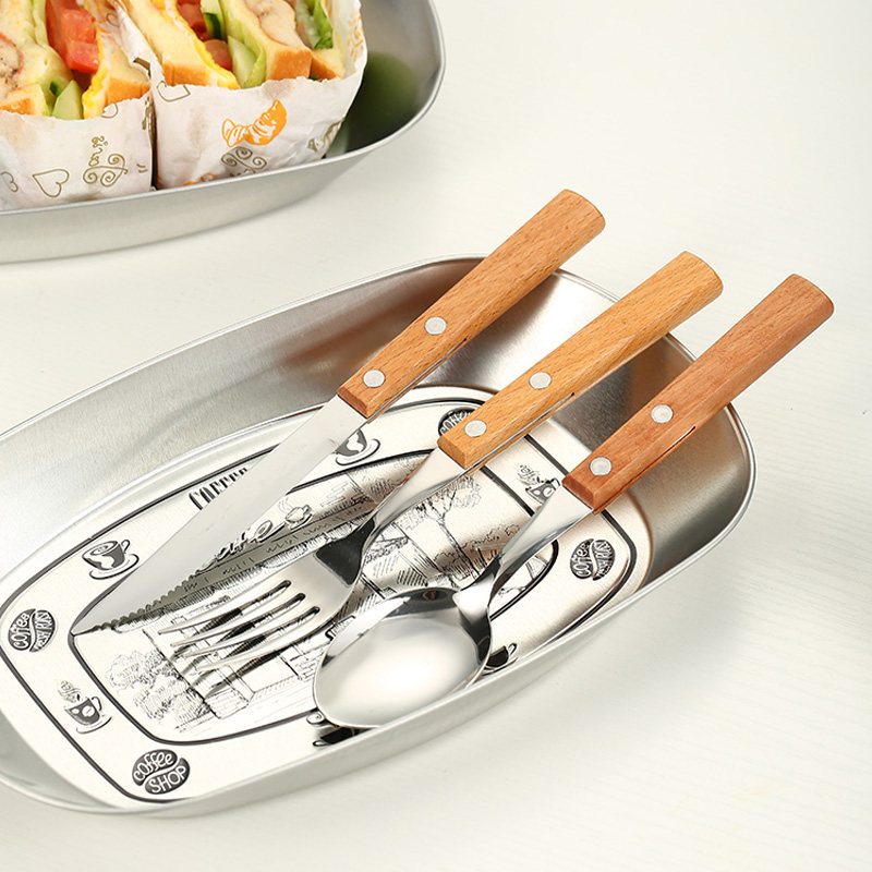 West Restaurant Stainless Steel Steak Knife Fork Three-piece Upscale Retro Eurostyle Wood Handle Steak Tool Knife Fork Spoon Suit