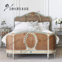 French retro rattan double bed new Chinese Roman column solid wood bed old luxury 1 8-meter wedding bed custom-made