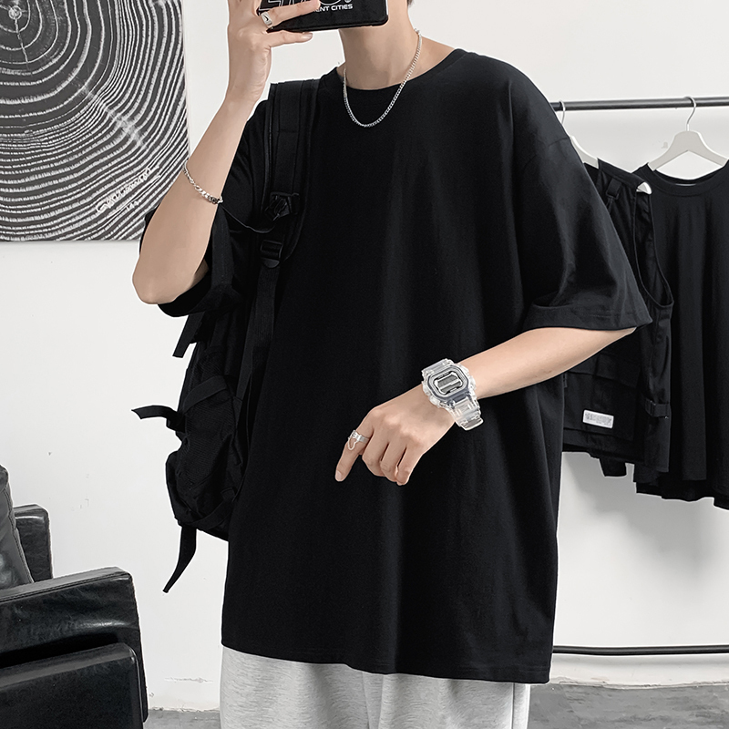 Black T-Shirt for Men, Summer Korean Style, Trendy, Loose, Casual, Short-Sleeved, Half-Sleeved, Pure Cotton, Solid Color, Versatile Top