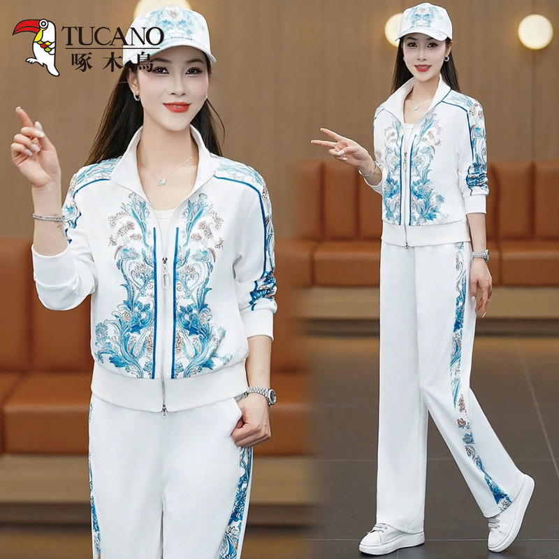 Woodpecker Chinese Style Casual Sports Suit for Women 2026 Spring and Autumn New Fashionable Age-Reducing Running Suit Three-Piece Set