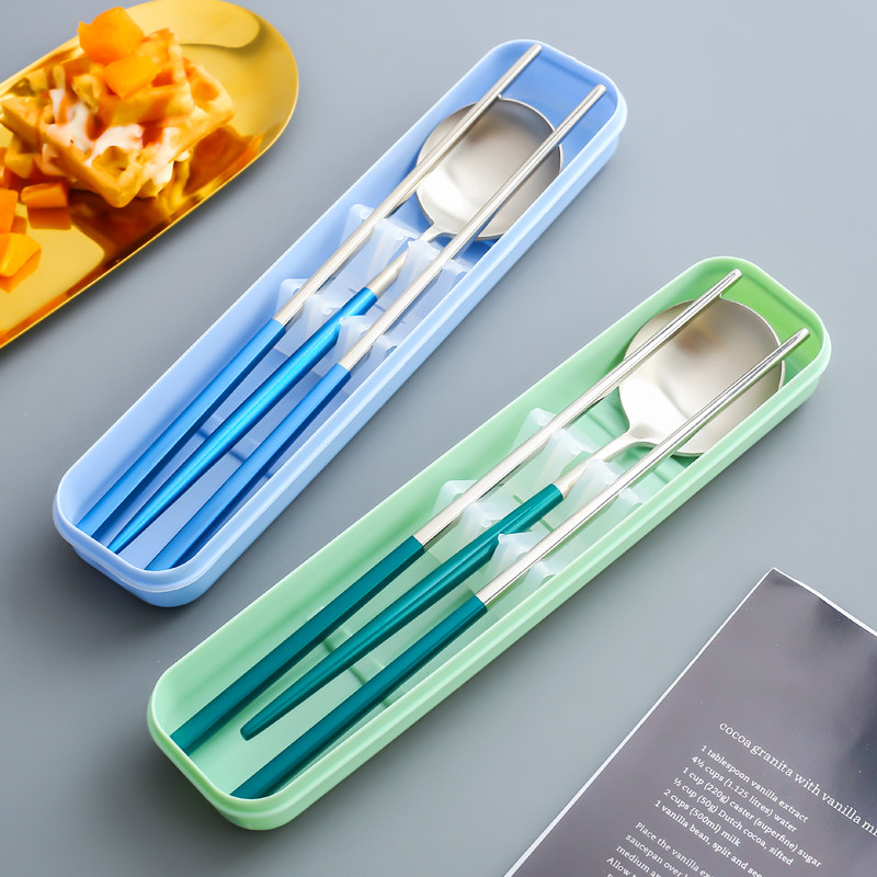 304 stainless steel chopsticks spoon set travel to work students portable tableware three-piece set single with box