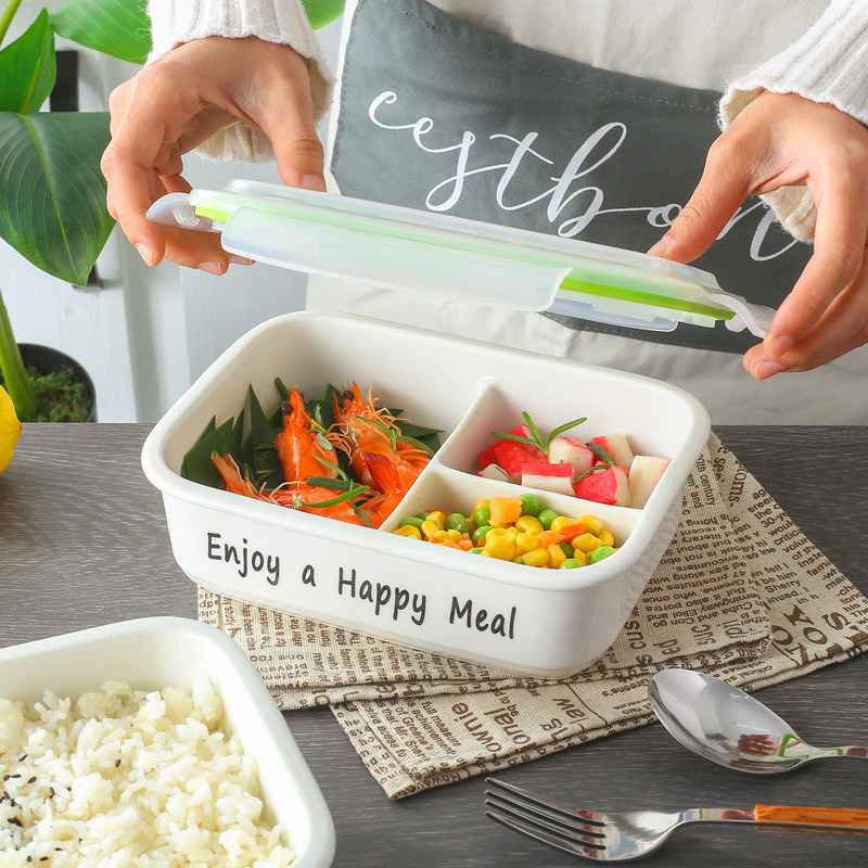 Ceramic Lunch Box Students to work ethnic group Meals Divided Microwave Oven Heating Sealed Lunch Box Four Sides Button Meal Box