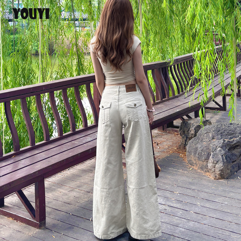 American-Style Light Apricot Low-Waisted Wide-Leg Jeans for Women 2026 New Spring and Summer Low-Waisted Loose Slimming Floor-Length Straight Pants