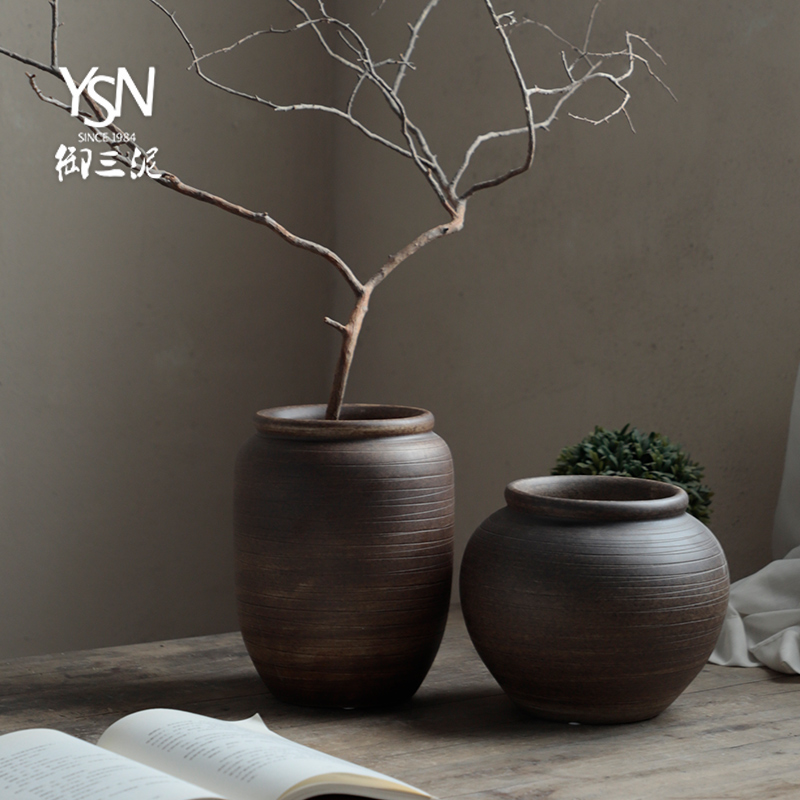 Royal three mud flower pot in the flower vase zen flower arrangement sitting room adornment is placed manually mesa of coarse pottery jars
