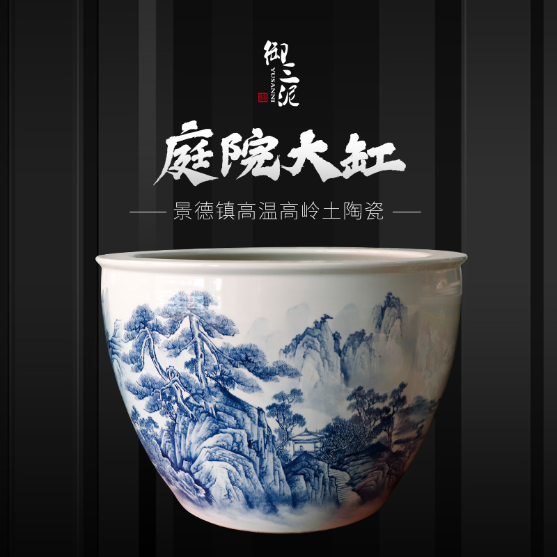 Heavy jingdezhen ceramic cylinder large aquarium lotus pond lily Chinese blue and white landscape ceramic cylinder cornucopia sitting room