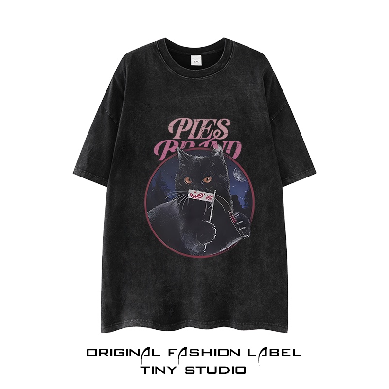 Japanese High Street Retro Black Cat Print Washed Vintage Short-Sleeve Oversized Niche Design Couple Casual T-Shirt Japanese High Street Retro Black Cat Print Washed Vintage Short-Sleeve Oversized Niche Design Couple Casual T-Shirt