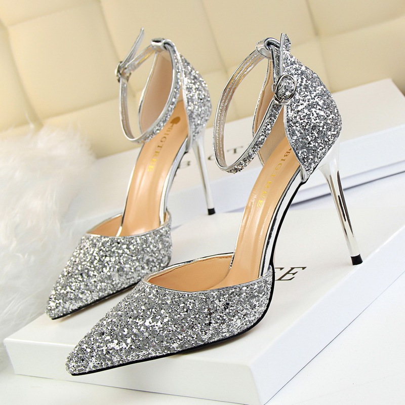 European and American Style Shallow Pointed Toe Hollow Sequin Sexy Nightclub Plus Size One-Strap Women's Sandals Banquet Stiletto High Heels