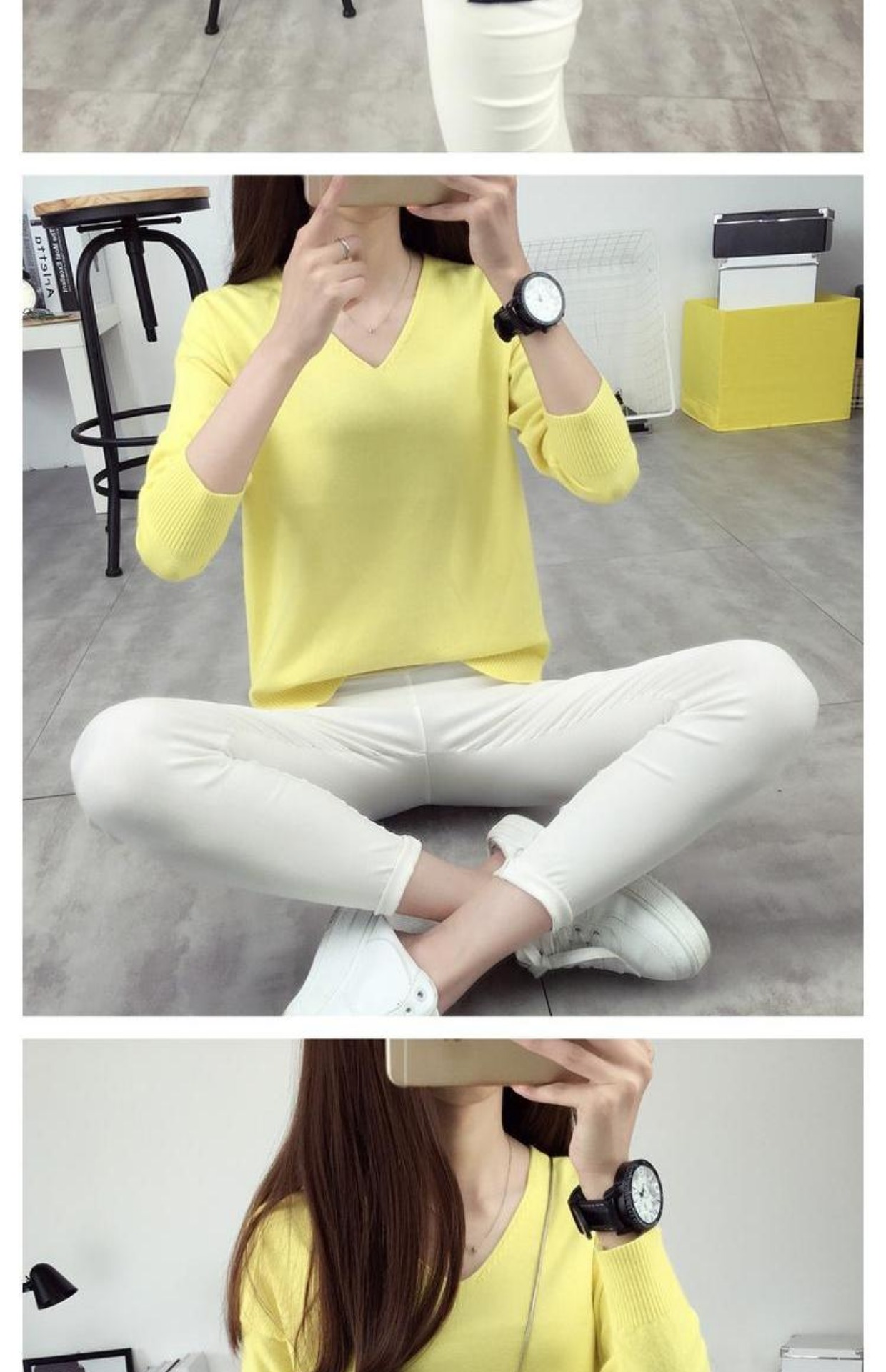Mùa thu đông mới của phụ nữ Hàn Quốc chạm đáy áo sơ mi dài tay mỏng cổ áo len cổ chữ V - Áo len cổ chữ V áo len trắng