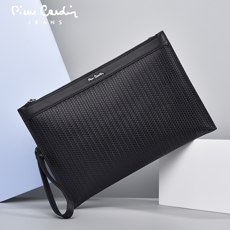 Pierre Cardin handbag men's genuine leather woven men's envelope bag tide business grab bag clip bag cowhide clutch bag