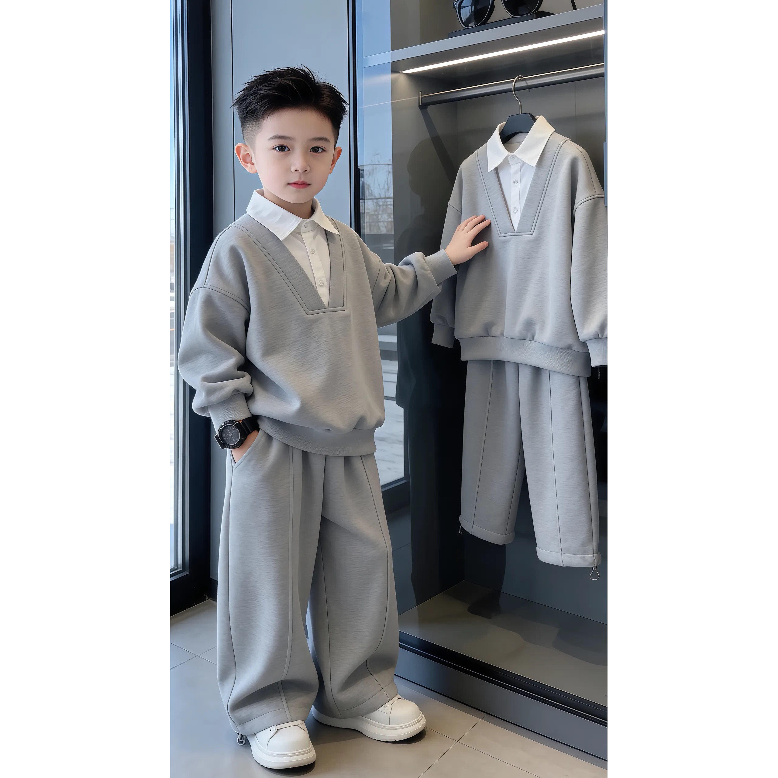 Бархатный костюм для мальчиков плюс, осень-зима 2026, новинка, красивый корейский вариант детского свитера для мальчиков, зимняя одежда, уличная детская спортивная одежда