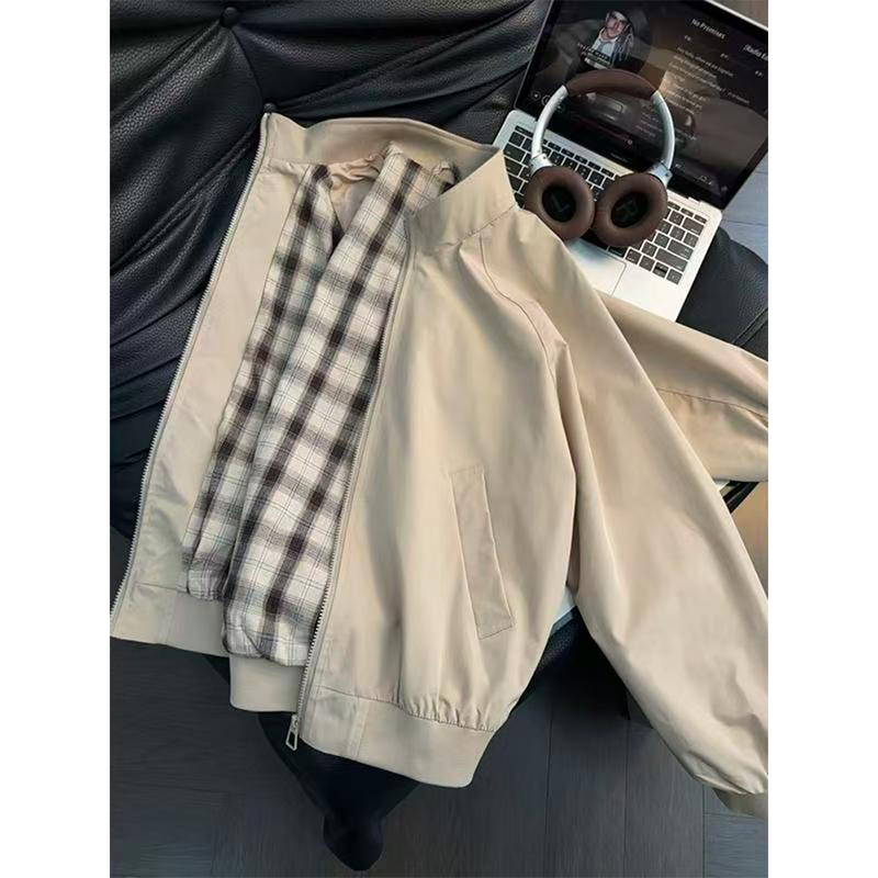 Khaki American-Style Harrington Stand-Collar Jacket for Men, Autumn and Spring Plaid Lining Patchwork Short Workwear Jacket
