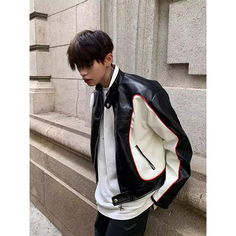 American Retro Short Biker Jacket, Trendy and Handsome, High-End Shoulder-Padded Pu Leather Jacket for Men, Ferrari Racing Jacket