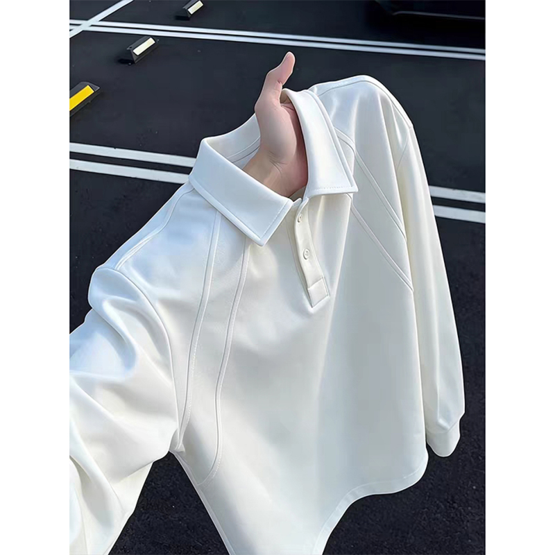 White Cleanfit Diagonal Cut Regular Shoulder Long-Sleeve T-Shirt for Men, Autumn Heavyweight Turn-Down Collar Sweatshirt, American Style Inner Layer Polo Shirt