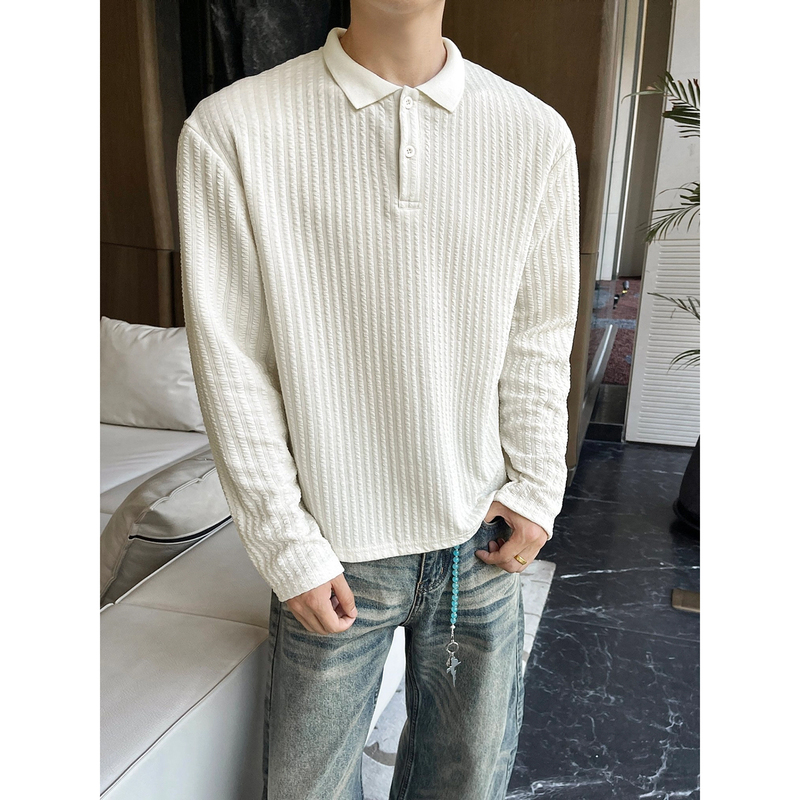 White Old Money Style Textured Long-Sleeve T-Shirt for Men, Autumn High-End Feel, Polo Shirt with Collar, Outerwear or Base Layer Sweatshirt White Old Money Style Textured Long-Sleeve T-Shirt for Men, Autumn High-End Feel, Polo Shirt with Collar, Outerwear or Base Layer Sweatshirt