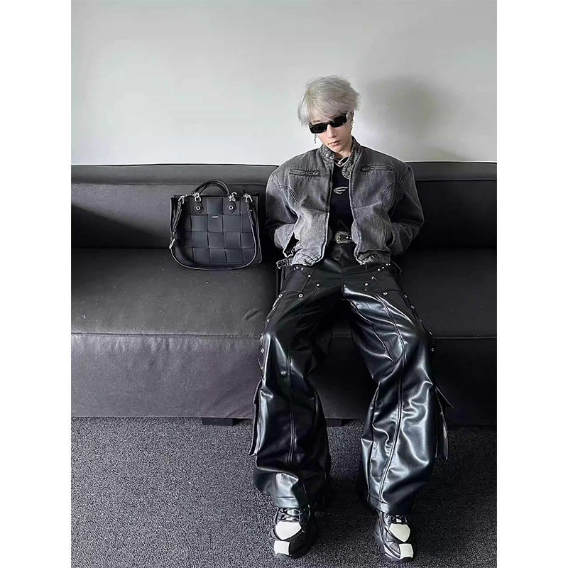 Subculture Y2K Punk Pants for Men with Multiple Pockets, Studded Design, Ultra-Soft Shiny Pu Leather Pants, Wide-Leg Cargo Pants Subculture Y2K Punk Pants for Men with Multiple Pockets, Studded Design, Ultra-Soft Shiny Pu Leather Pants, Wide-Leg Cargo Pants