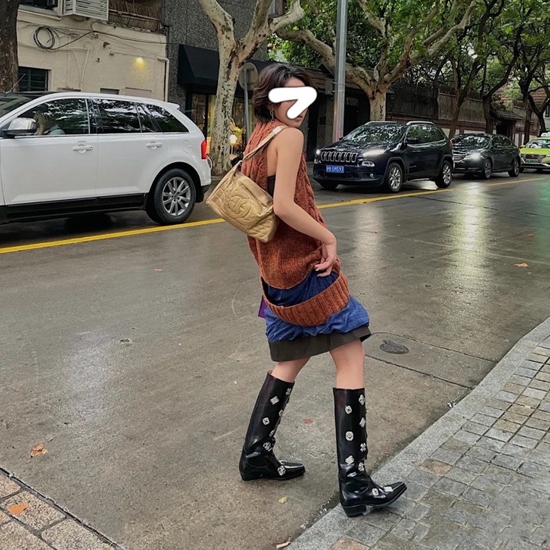 mona same style but knee boots women's 2021 new niche pointed toe European and American high boots thick heel thick bottom thin boots