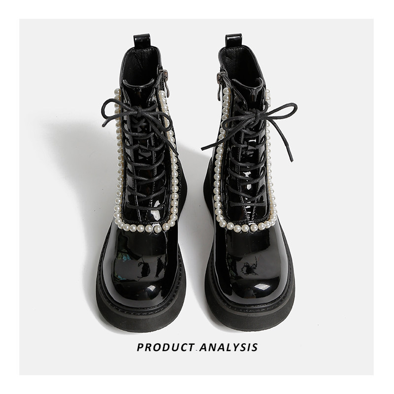 2021 ins trendy thick-soled pearl Martin boots women's British style thin patent leather autumn boots motorcycle boots short tube