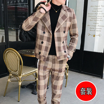Casual double-breasted suit mens suit Korean version of slim youth handsome English hair stylist wedding dress suit