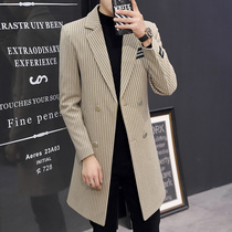Mens autumn and winter Korean fashion coat mens long double-breasted woolen coat Nizi slim trench suit suit