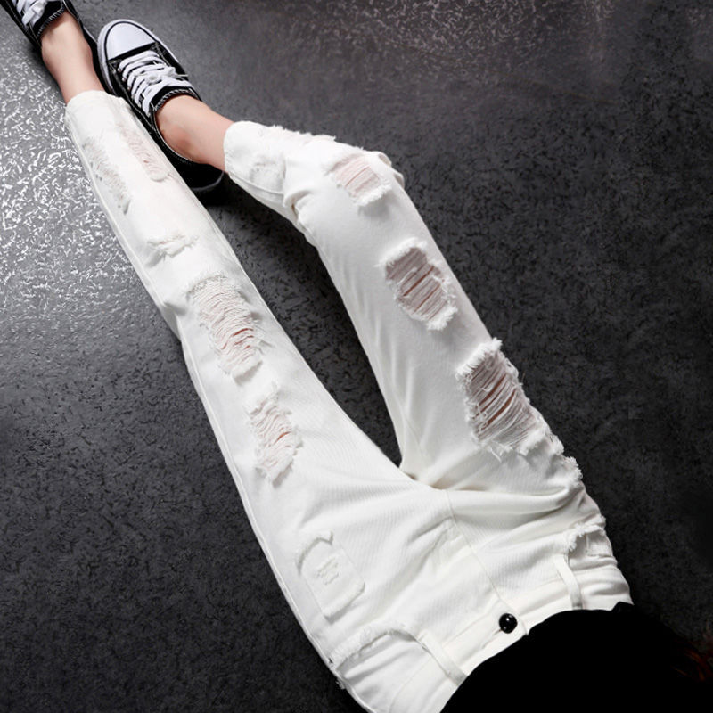 Spring and Autumn White Ripped Jeans for Women 2026 New Korean Style High-Waisted Slimming Petite Versatile Straight-Leg Cropped Pants Spring and Autumn White Ripped Jeans for Women 2026 New Korean Style High-Waisted Slimming Petite Versatile Straight-Leg Cropped Pants