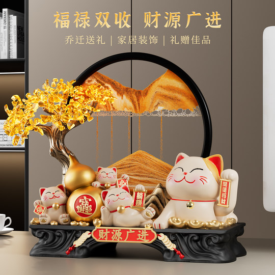Pintura de arena movediza de árbol del dinero, adorno de gato de la suerte, decoración para porche, sala de estar, mueble de TV, regalo de apertura para casa móvil
