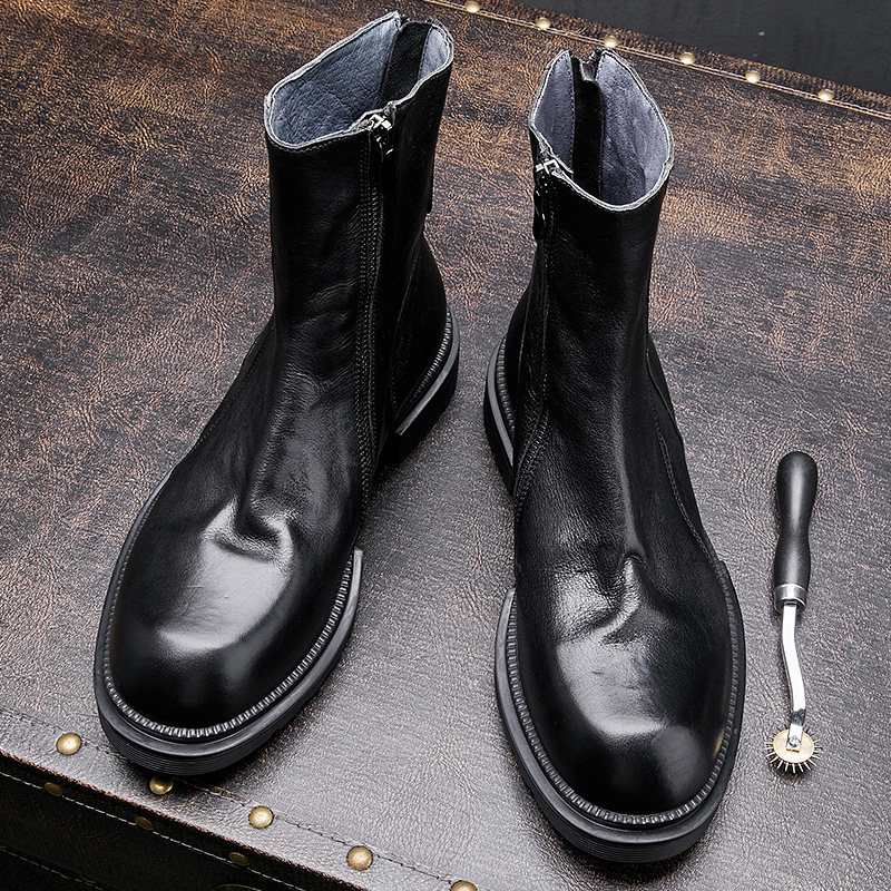 Martin boots men's Korean version of the mid-cut motorcycle boots genuine leather high-top cowhide boots men's mid-cut boots England Chelsea men's boots