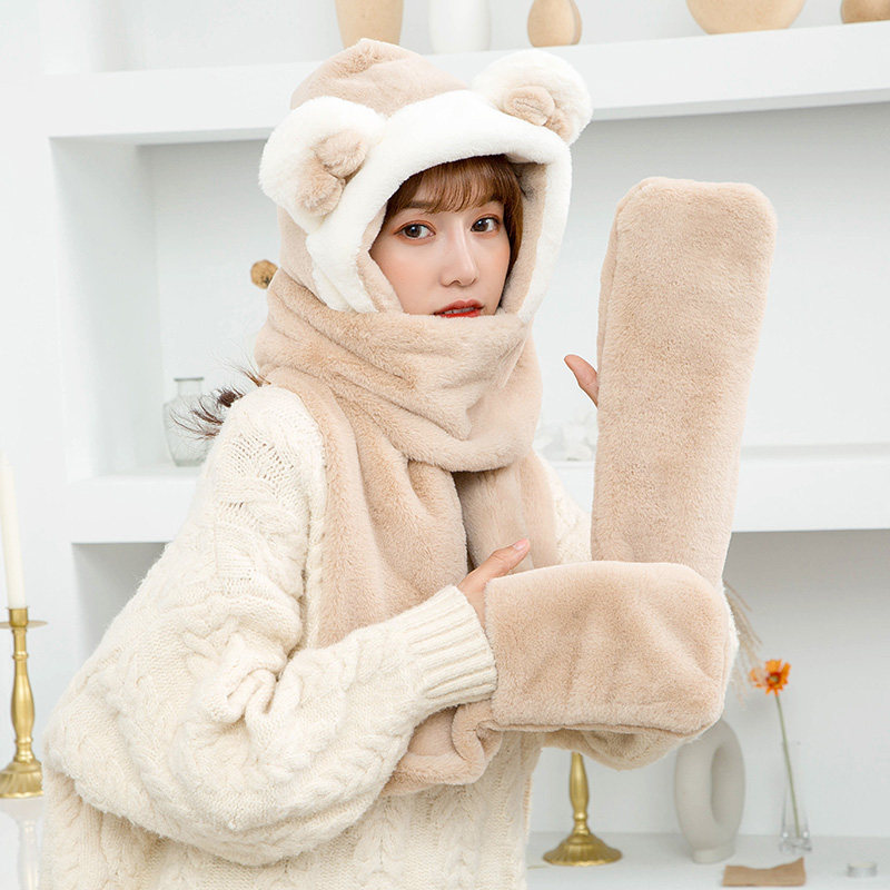 Winter hat scarf gloves three-piece set women winter cute thick warm ear protection imitation rabbit down bib neck integrated