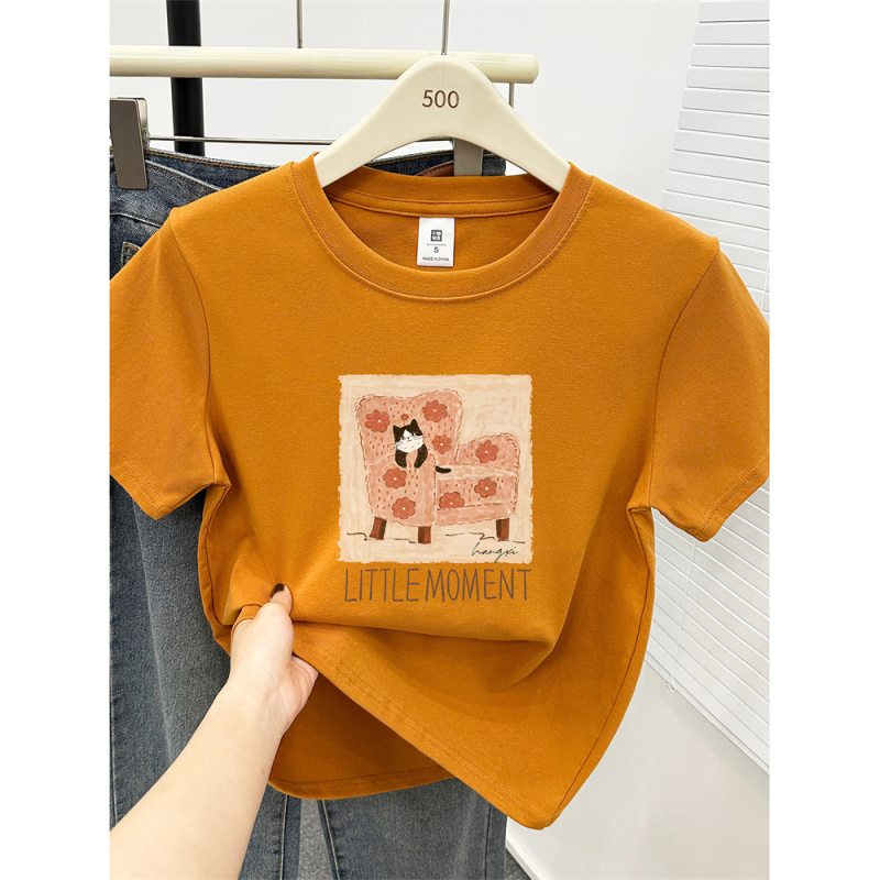 Summer Hot-Selling Sofa Cat Print Short-Sleeve Women's Pumpkin-Colored White-Enhancing Regular Shoulder Round-Neck T-Shirt Plus Size Slimming Top
