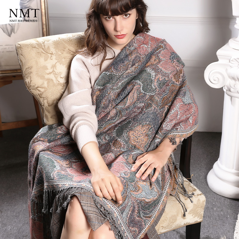 French-Style Elegant Illustration Boiled Wool Large Square Scarf Cape Blanket, Imported from India, Thickened and Enlarged for Warmth