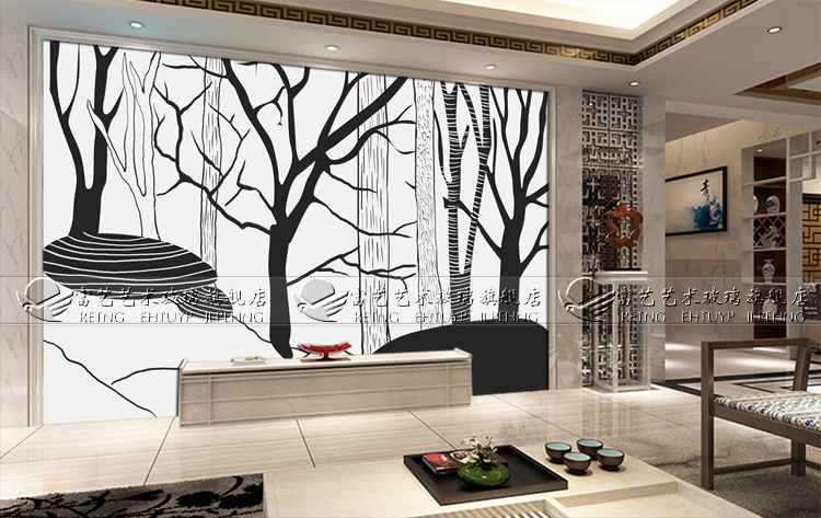 Set for TV Glass Art Background wall Modern minimalist Living room Decorative Glass Abstract Trees