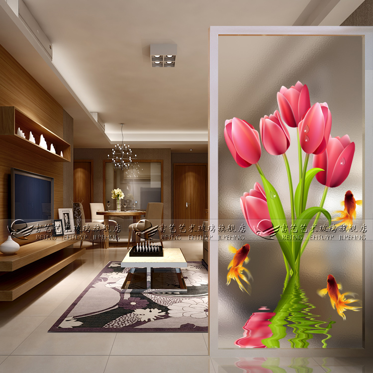 Art glass partition deep carving screen Xuanyan decoration living room kitchen toilet tulip