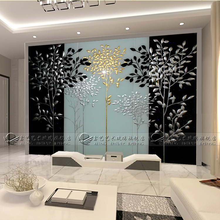 Modern Minimalist Style Art Glass Background Wall 3D Stereosensation Handcrafted Delicate Engraving Crafts Xuanguan Gold And Silver Trees