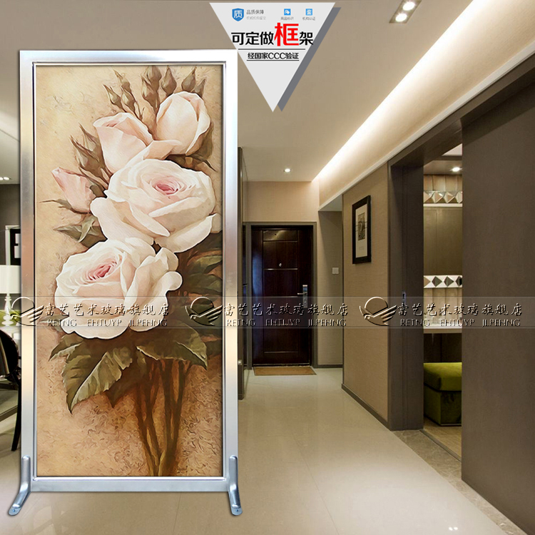 Factory direct sales of art glass 3D three-dimensional sense of the entrance aisle partition sliding door carving process pink roses