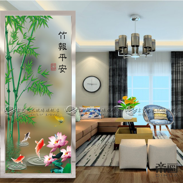 Minimalist Modern Art Glass Screen Double Face Frosted Light Transmission Living-room Compartment Shoe Cabinet Engraving Crafts Transfer Doors Floral