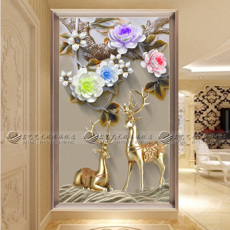 Art glass deep carving 3D three-dimensional aisle living room entrance screen partition porch background rich tree elk