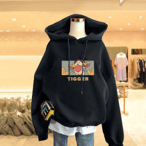 Even hat-necroswomen 2021 new autumn and winter medium long style Lazy Loose Cartoon Printed Blouse Plus Suede Thickened Jacket