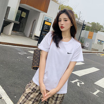 Short sleeve round collar loose womens clothing 2021 new pure color undershirt blouses students pure cotton white T-shirt womens wins