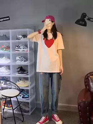 2021 summer new men and women couples Japanese Tide brand short sleeve ins tide love cotton loose Joker white T-shirt women