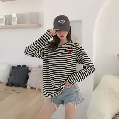 2021 Autumn and Winter New Japanese Tide Brand Little Love Embroidery Striped Long Sleeve Couple Loose Cotton Bottom T-Shirt Women