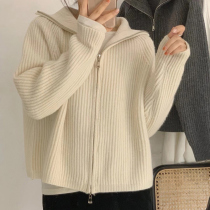 Sweater jacket cardiovert 2021 new autumn winter Lazy Wind Easy to thicken blouse Double zipper Short-style knitted sweatshirt