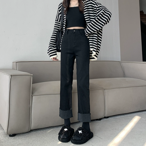 Демисезонные черные прямые свободные джинсы, флисовые штаны, свободный прямой крой, подходит для подростков, по фигуре