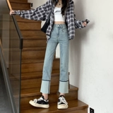 Синие цветные прямые свободные джинсы, осенние штаны, высокая талия, 2024 года, подходит для подростков