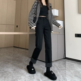 Демисезонные черные прямые свободные джинсы, флисовые штаны, свободный прямой крой, подходит для подростков, по фигуре